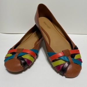 Nine West baller flats brown leather multicolor weave design Size 6.5 M EUC